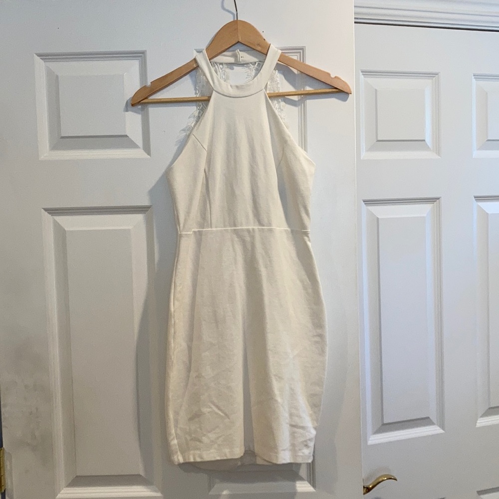 white lace back dress